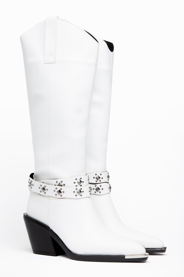 White Matte Leather Metal Toe Cap Below the Knee Staple Belt Detail Western Cowboy Boots