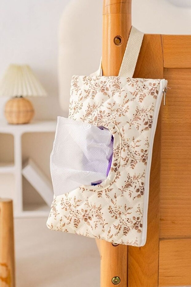 Portable Mother Baby Zippered Wet Wipe Case with Strap Baby Stroller Crib Side Quilted Bag
