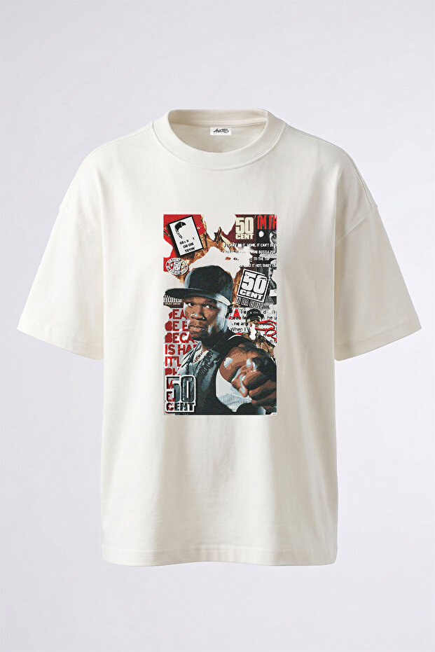تي شيرت أبيض كبير الحجم مطبوع بتصميم 50 Cent_3 للجنسين
