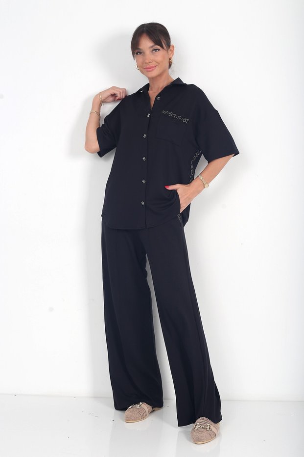 Women's Short-Sleeved Blouse Elastic Waist Pazlazzo Trousers with Pockets Stone Detailed Modal 2-Piece Set