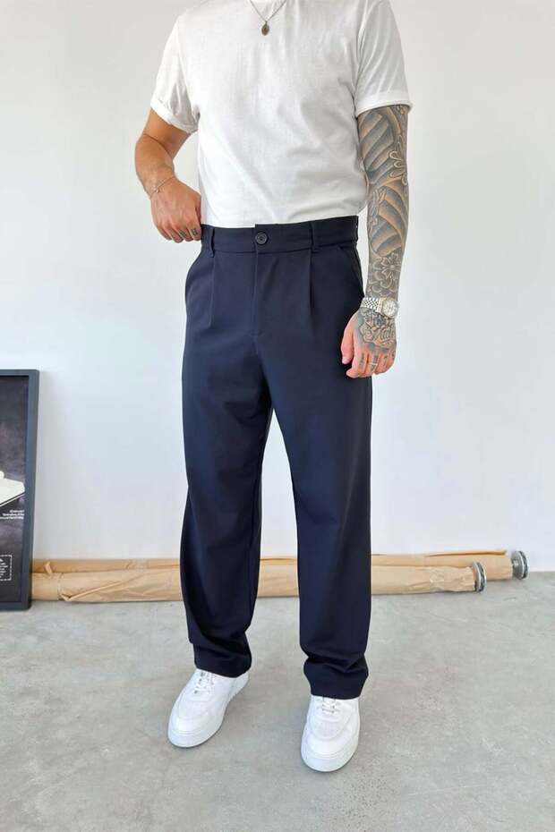 Navy Blue Pleated Baggy Fit Fabric Trousers