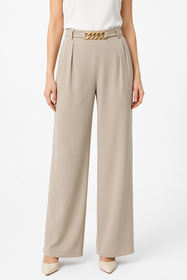 Adriana Fabric Wide-Leg Women's Trousers with Chain Buckle – Stylish Palazzo Trousers, Length 110cm