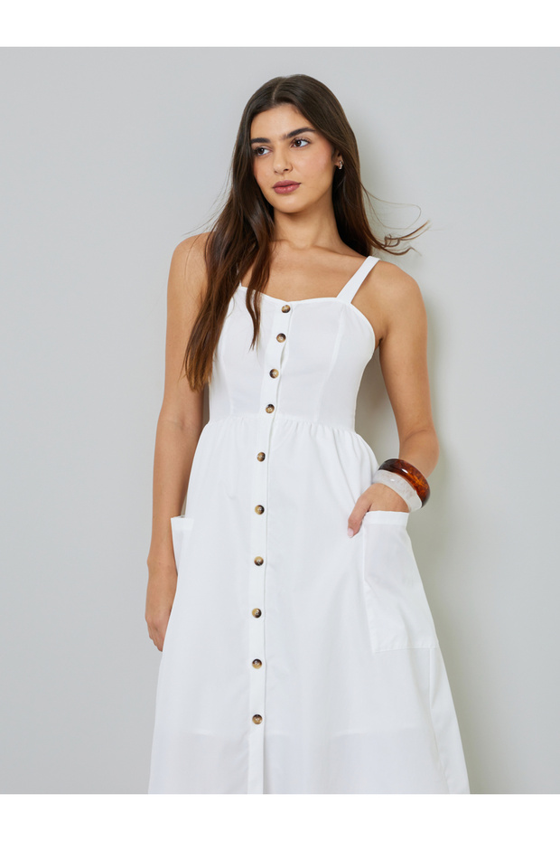White Button Front Midi Dress with Patch Pocket