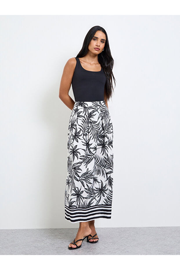 White A-Line Midi Skirt with Palm Print