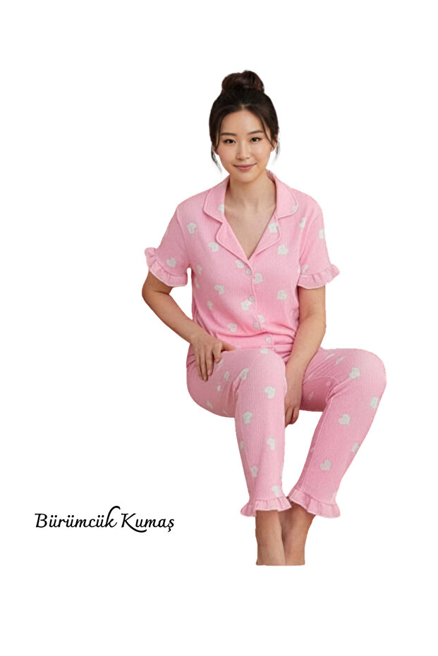 Women's Shirt Collar Buttoned Wrinkled Pajama Set with Ruffles