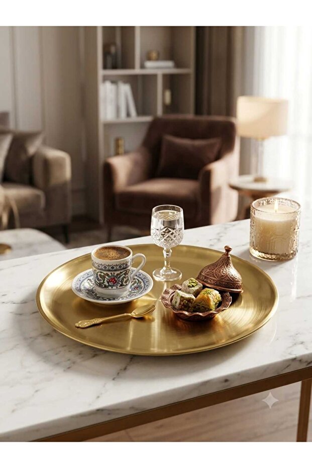 Gold Metal Presentation Tray | Round Decorative Coffee and Treat Tray | Stainless Shiny Surface