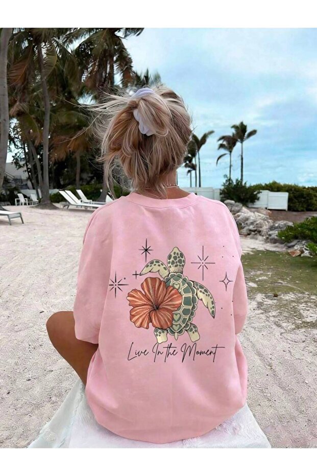 Pink Oversize Cotton T-Shirt with Turtle and Flower Print, Relaxed Fit, Unisex