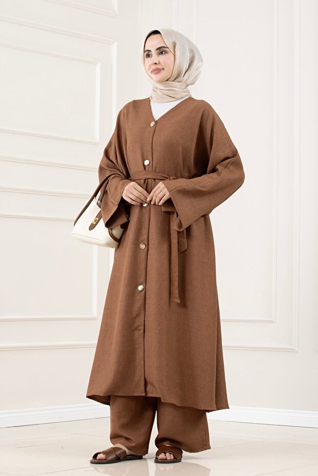 Buttoned Davin Abaya Double Set-Brown