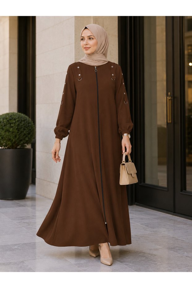 Canpolat 49507-26 Ayrobin Fabric Full-Length Zippered Women's Robe with Side Pockets – Comfortable Fit with Metal Accessories, Islamic Outerwear