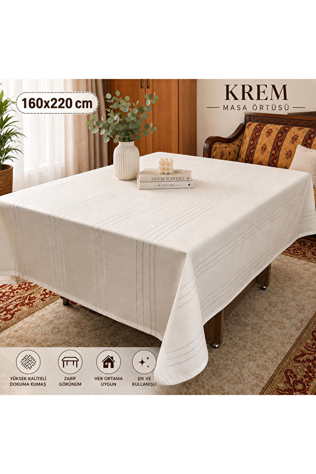 مفرش طاولة كريمي 160x220 سم، مفرش طاولة طعام مستطيل منسوج بخطوط، أنيق وعصري