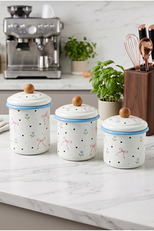 3-Piece Set of 6-Piece Enamel Jars with Lids 1 Liter, 1.3 Liter, 1.5 Liter - Spice Jar, Dowry Jar, Yogurt Fermentation Jar, Multi-Purpose Jar