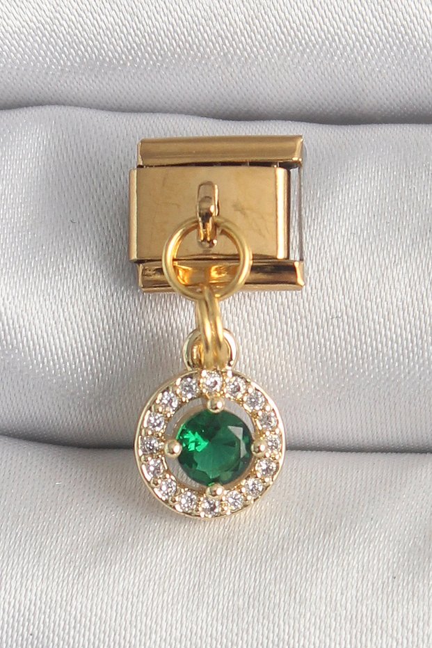 316L Steel Gold Color Hanging Green Zircon Stone Nomination Charm