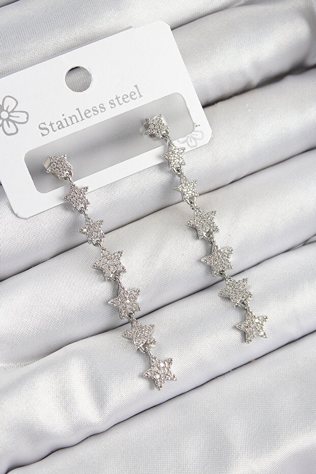 Brass Zircon Stone Dangle Star Model Silver Color Women's Earrings
