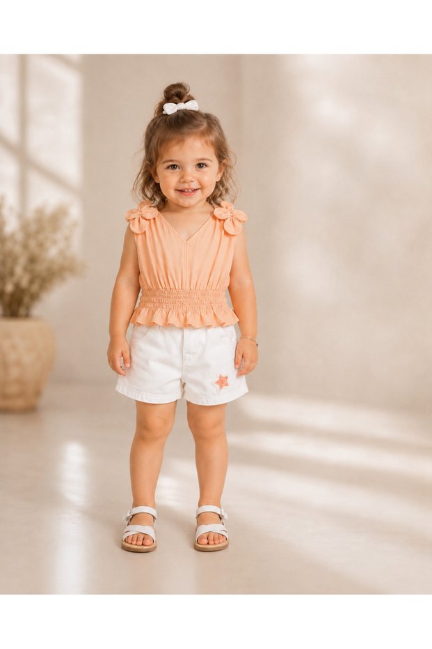 Girl's 3D Flower Detailed V-Neck Gipeli Shorts Set