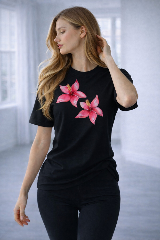 Women's Summer Style Pink Floral Printed Round Neck Sports T-Shirt / Tshirt