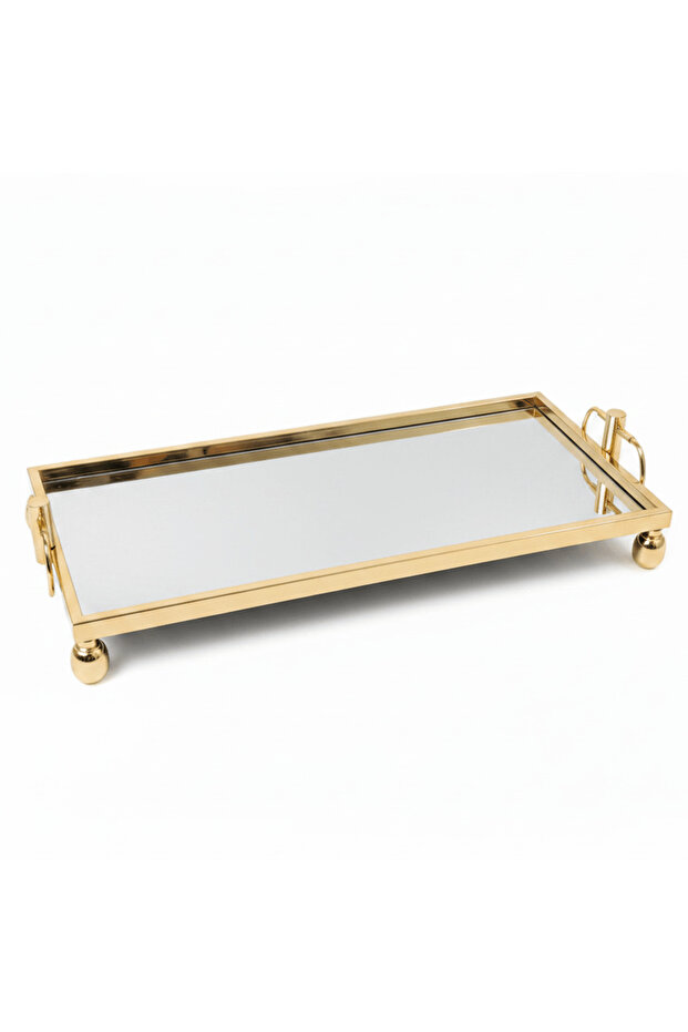 Polished Gold-Plated Metal & Mirror Glass Rectangular Serving Tray - 90×25 cm
