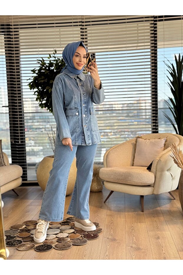 7452 Front Pocket and Stitched Denim Suit Blue