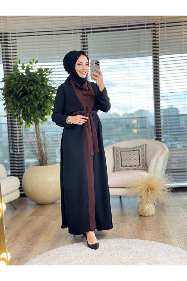 3902 طقم عباءة داخلية من قطعتين باللون الأسود والبني