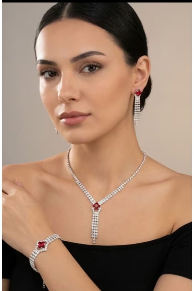 Red Black Stone Necklace, Earrings and Bracelet Set