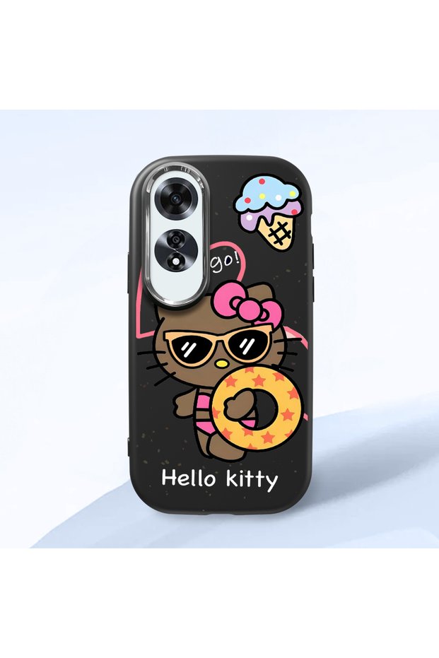 Oppo A60 Compatible Case Camera Protector Black Silicone Couple Phone Case with Kitty Pattern