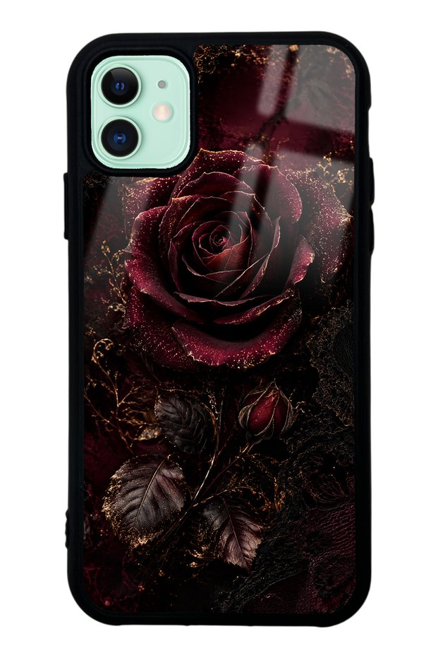 iPhone 11 Glossy Phone Case with Midnight Velvet Rose Design