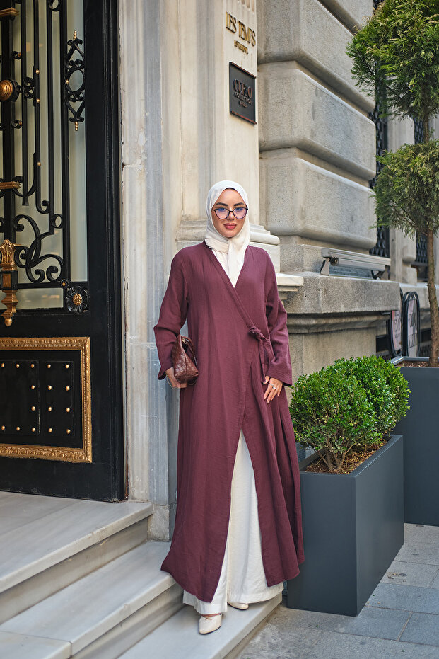 Women's Double Pocketed Muslin Long Kimono with Internal and External Button Fastening, Plum Color