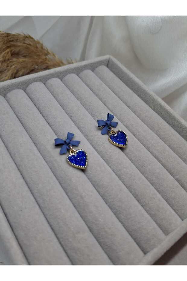 Cobalt Blue Stone Heart Dangle Earrings with Blue Bow