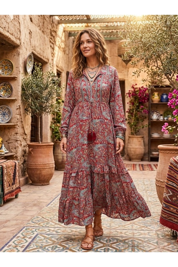 Women's Indian Ethnic Authentic Patterned Long Sleeve Long Silk Dress