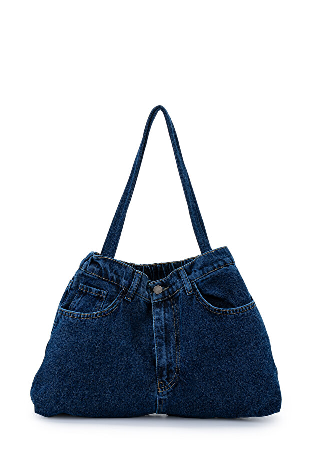 Denim Women's Shoulder Bag with Zipper and Button Detail Harmony Navy Blue