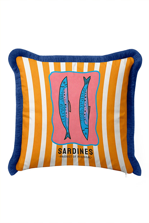 Sardines Sea Striped Marine Fringed Pillowcase - Navy Blue Tasseled Throw Pillow Cover with Fish Figures