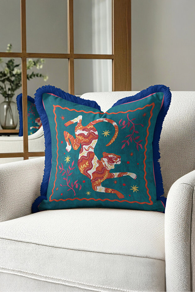 Exotic Tiger Figured Fringed Pillowcase-Safari Turquoise Tile Navy Blue Tassel Throw Pillow Cover