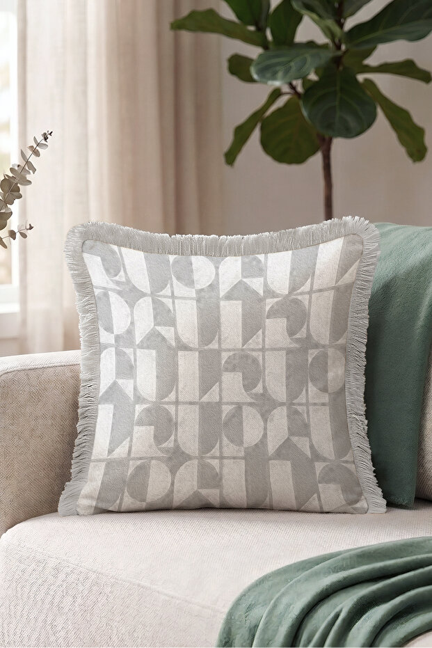 Luxury Fringed Pillowcase with Geometric Pattern - Abstract Nordic Gray Gray Tassel Throw Pillow Cover