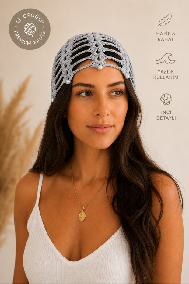 Gray Mesh Beret Women's Hand-Knitted Pearl Detailed Summer Bohemian Hair Accessory