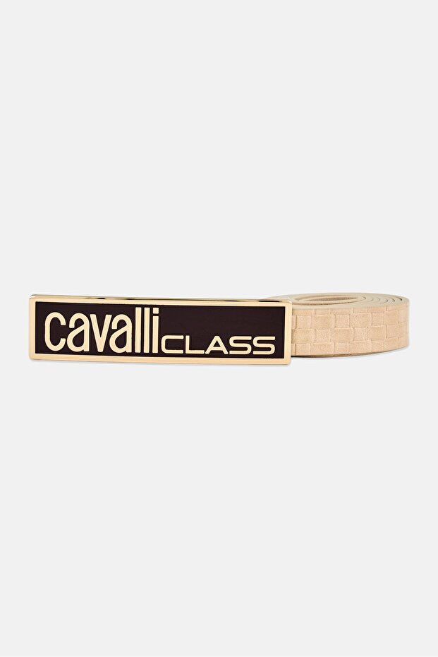 Women Classic Leather Belt With Gold Buckle, Beige