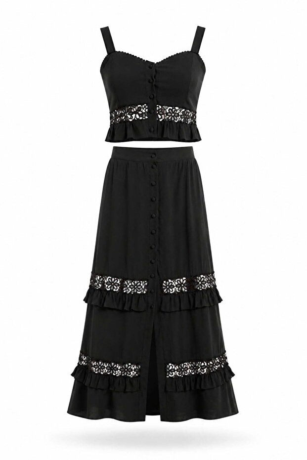 Black Lace Detailed Bustier Skirt Set 220661