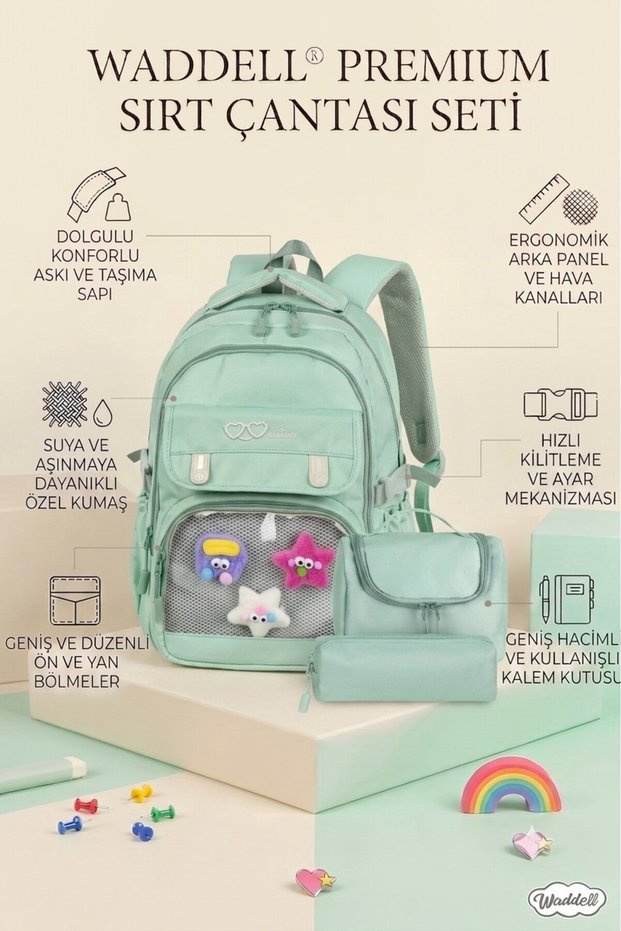 Transparent Luxury Primary-Secondary School Twill 3-Piece Set Bag with Toys, Thermal Lunch Bag and Pen Holder