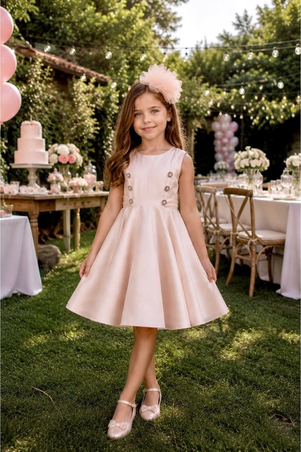 Buttoned, Accessorized, Girls' Evening Dress, Birthday and Party Dress