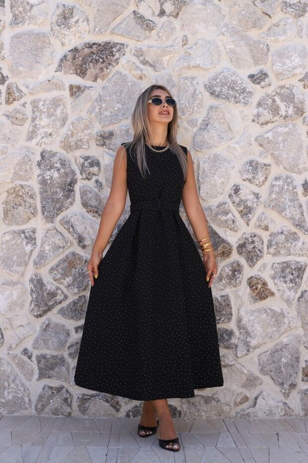 Black Stone Belted Halter Flared Dress