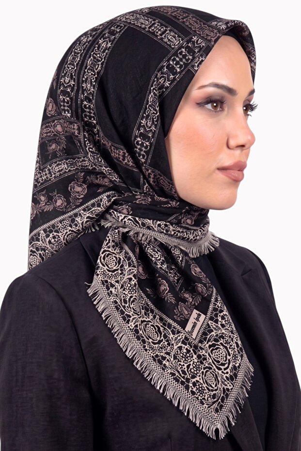 Black Beige Coffee Floral Patterned Flared Cotton Scarf