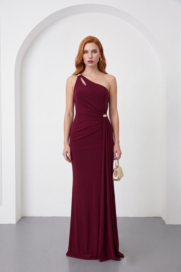 Women's Burgundy One-Shoulder Accessory Detail Long Knitted Event Dress