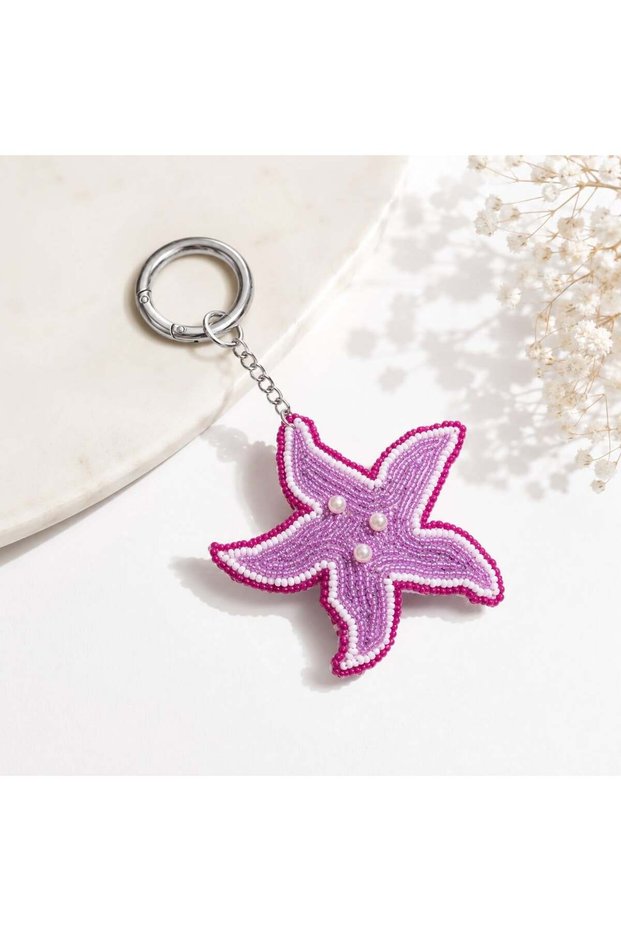 Bead Embellished Purple Starfish Bag Charm and Keychain