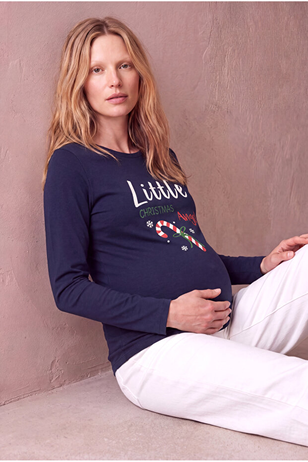 Maternity Navy Blue 100% Cotton Crew Neck Long Sleeve Printed T-Shirt Ada