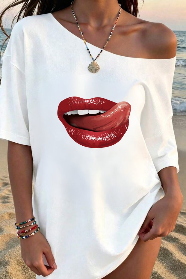 Women's Red Lip Boat Neck Off Shoulder 100% Cotton T-Shirt