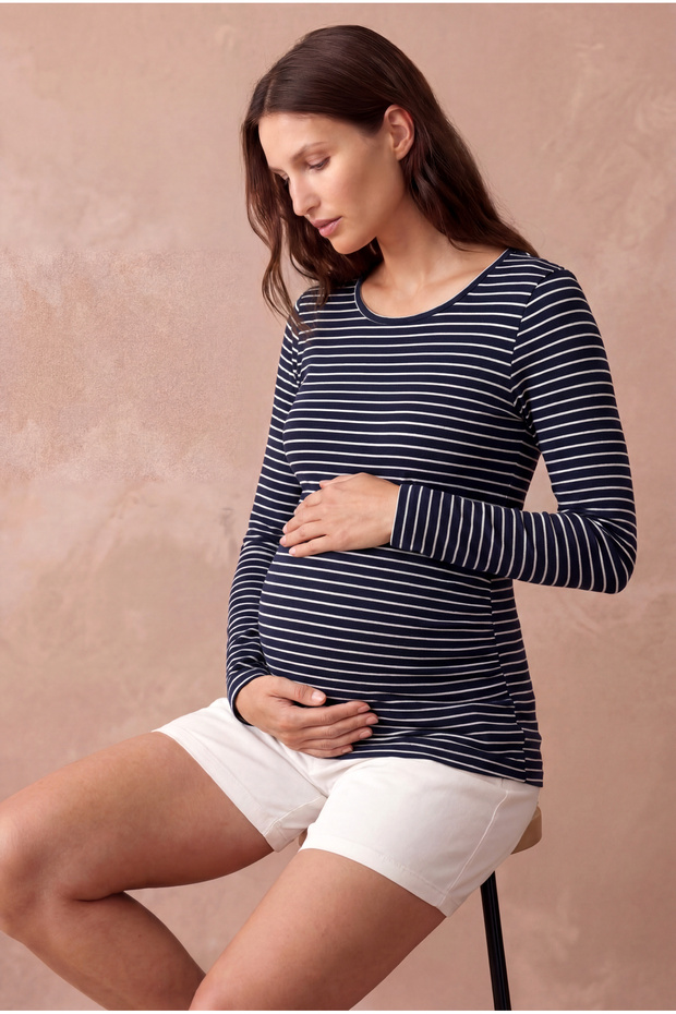 Maternity Navy Blue/White Striped Ribbed Cotton Crew Neck Long Sleeve Blouse Margaret