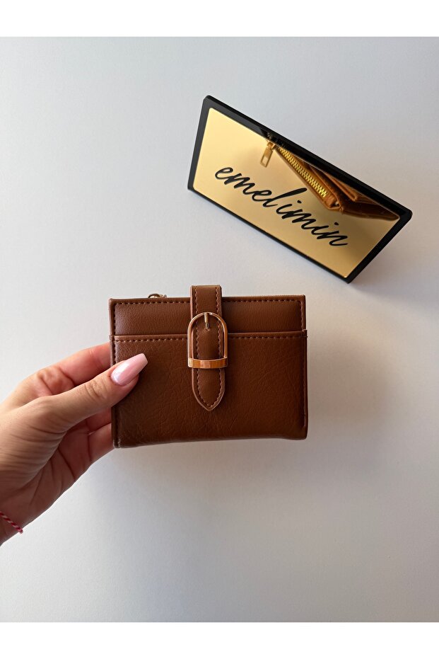 Women's Tan Brown Zippered Card Holder Wallet | Multi-Compartment Mini Wallet | Coin Compartment Belt Detailed