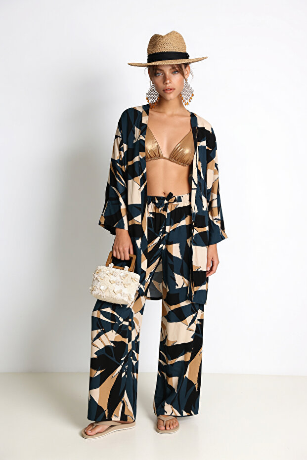 Patterned Summer Viscose Kimono Trouser Set Lrn0013 Smoke Cream