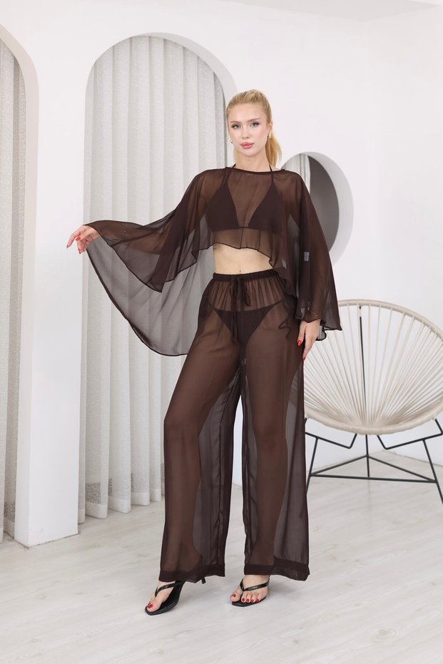 Chiffon Belerin Blouse Pants Set Brown