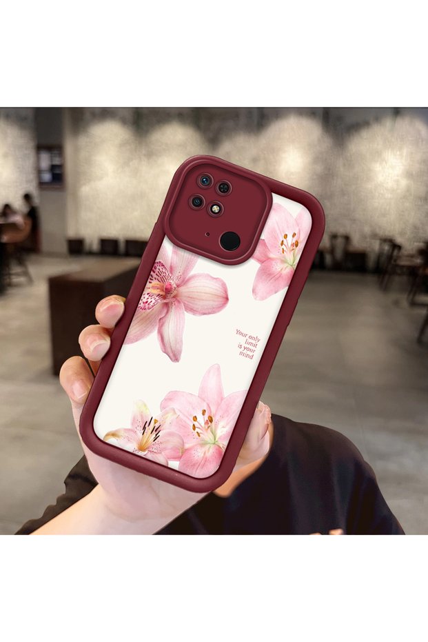 Xiaomi Redmi 10C Compatible Case Camera Protector Claret Red Silicone Couple Phone Case Floral Pattern