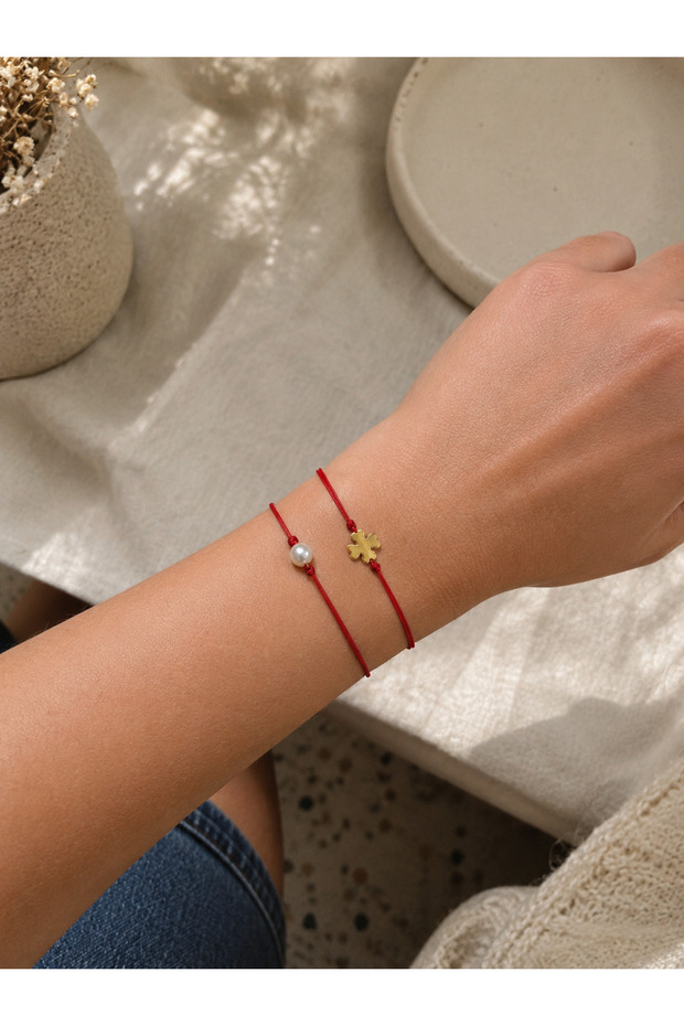 Baroque Pearl Look and Gold Clover Figured Red String Bracelet Set