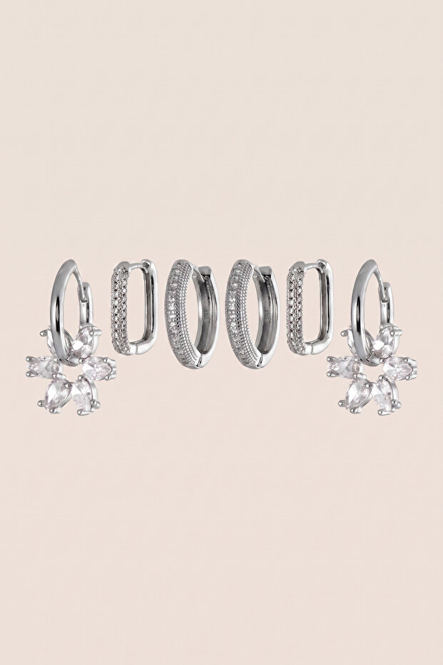 Silver Color Zircon Stone Flower Detailed 6-Piece Hoop Earring Set